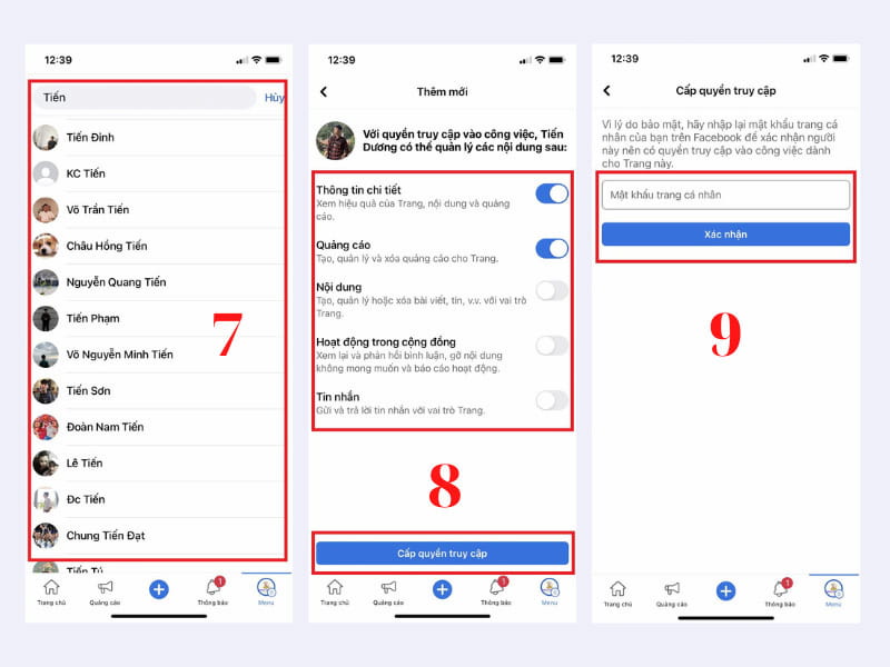 Nhập tên tài khoản Facebook muốn cấp quyền