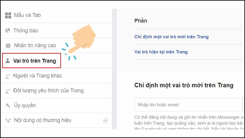  Vai trò trên Trang trong phần cài đặt